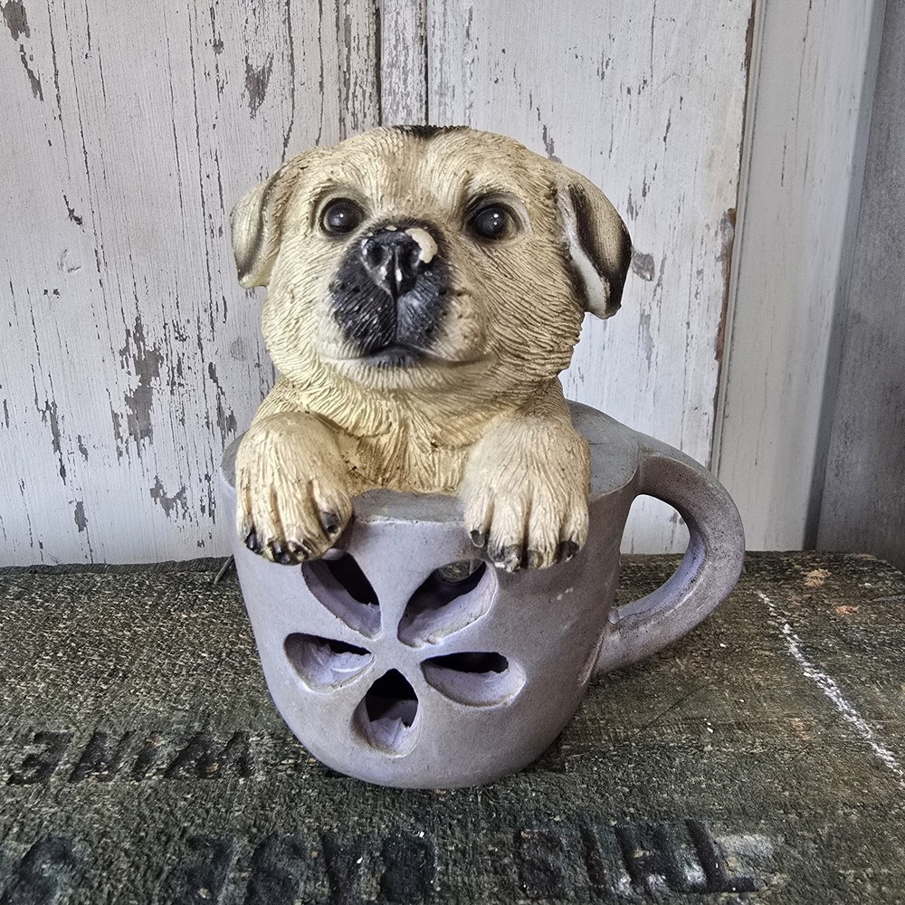 Cute Puppy in Floral Mug‎ Figurine – Resin Dog
